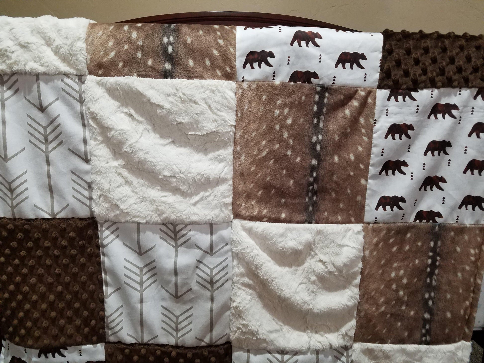 Patchwork Blanket - Watercolor Bears, White Tan Arrows, Deer Skin Minky, Ivory  Crushed Minky,  and Brown Minky patchwork blanket - DBC Baby Bedding Co 