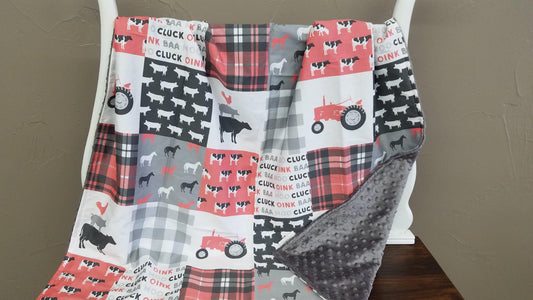Blanket - Farm Life in Coral and Gray - Tractors, Cows, Check - DBC Baby Bedding Co 