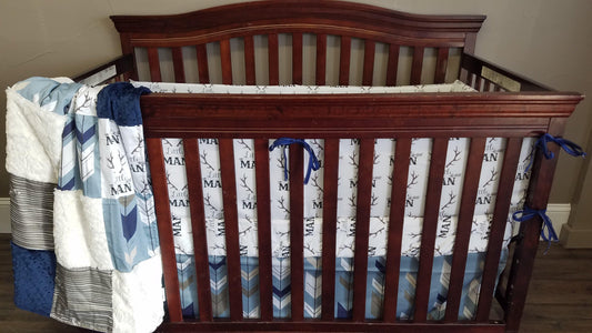 Boy Crib Bedding - Little Man antlers, brown woodgrain, blue fletching arrows, ivory  crushed minky,  and navy minky - DBC Baby Bedding Co 