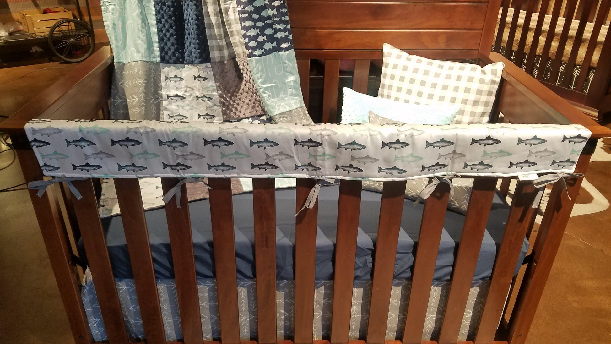 Custom Boy Crib Bedding - Fish Hooks and Trout Fishing Nursery Collection - DBC Baby Bedding Co 