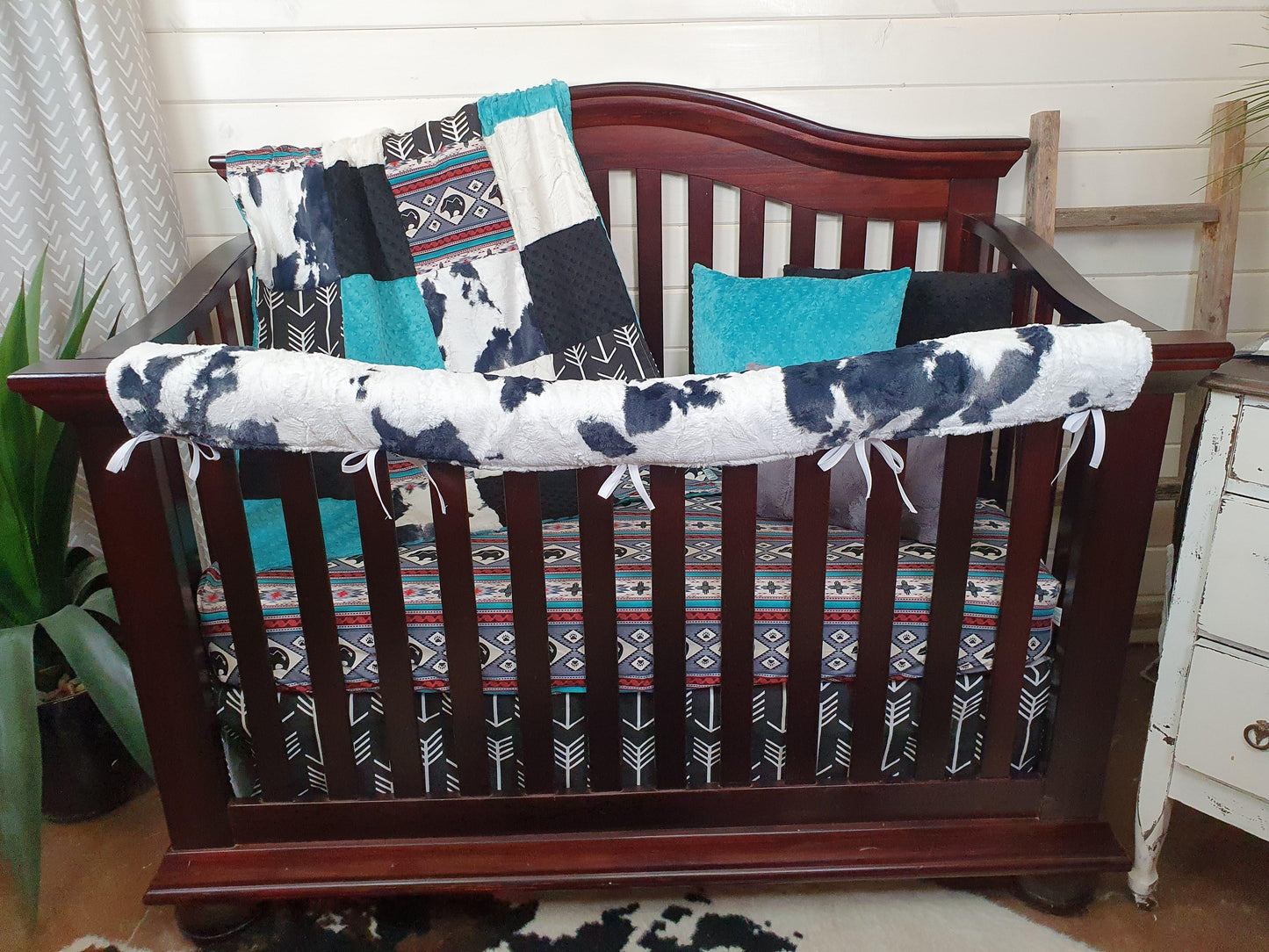 Ready Ship Boy Crib Bedding -  Aztec Bear and Bessie Calf Minky Ranch Collection - DBC Baby Bedding Co 