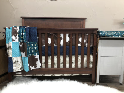 Custom Boy Crib Bedding - Team Roper, Cow Skin Minky, Steer, Navy Minky, and Teal Minky, Team Roping Collection - DBC Baby Bedding Co 