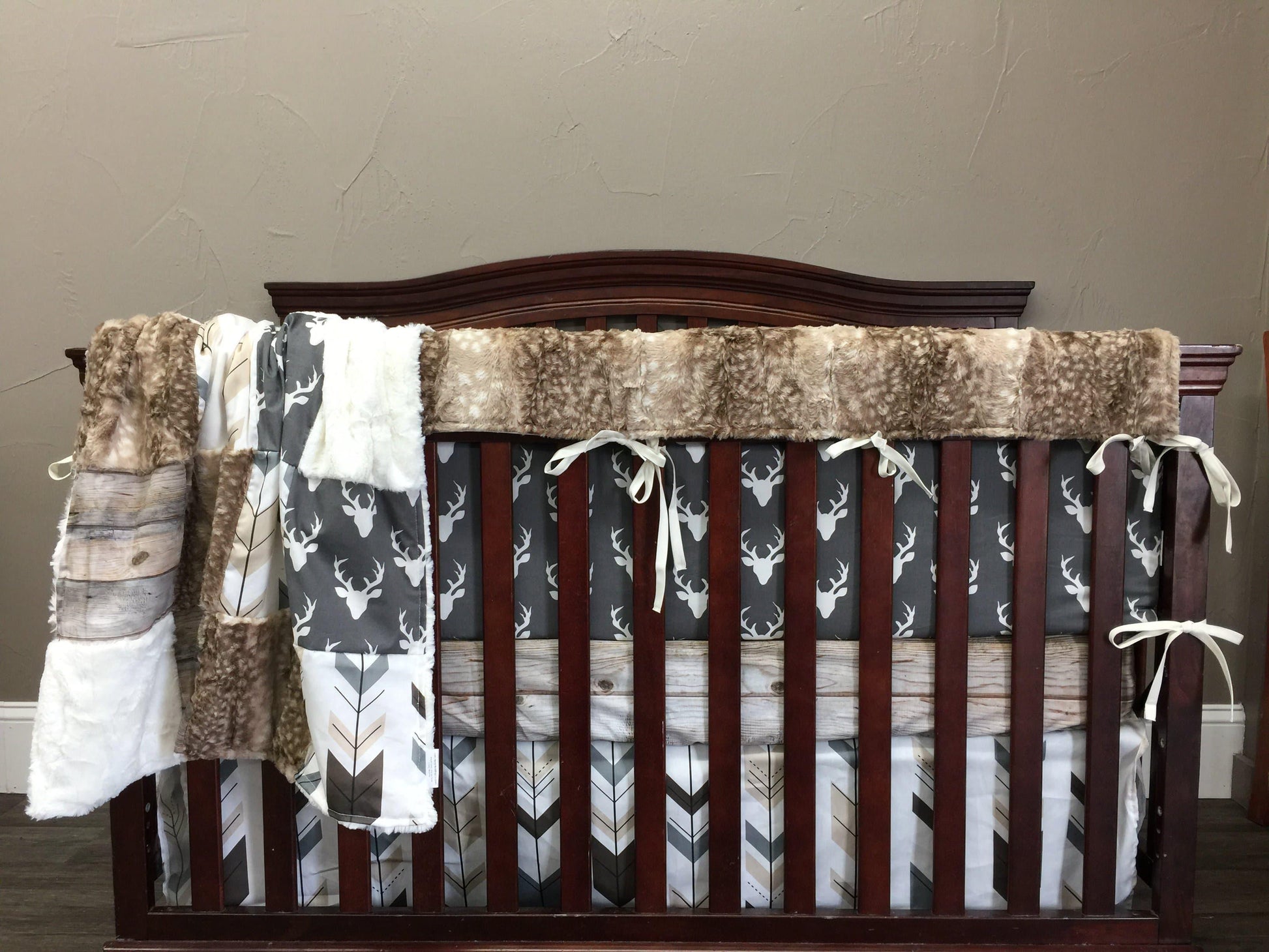 Custom Boy Crib Bedding - Buck, Arrows, Barnwood, and Fawn Minky Rustic Nursery Collection - DBC Baby Bedding Co 