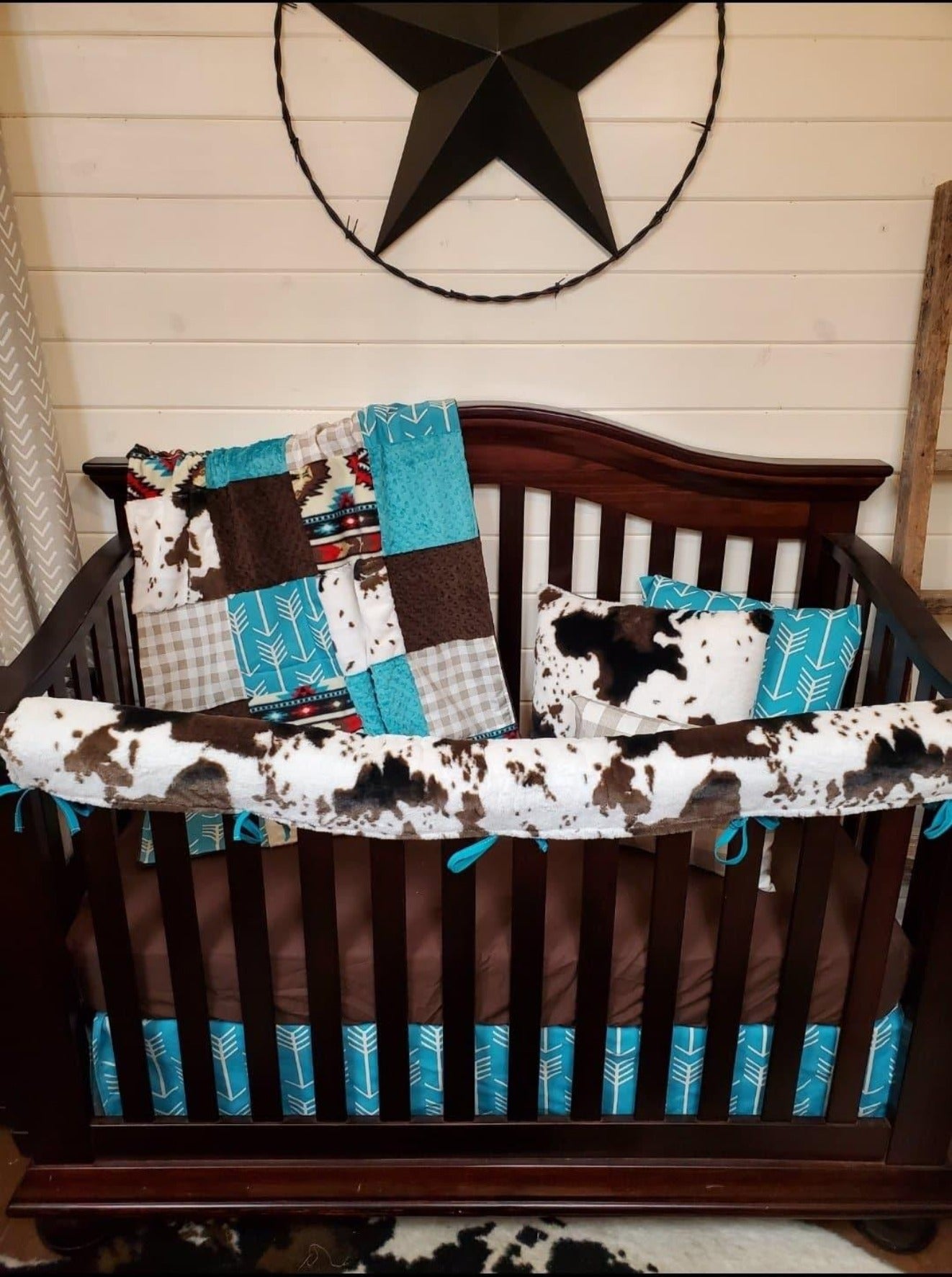 Boy Crib Bedding - Aztec, Check, Brown Sugar Cow Western Crib Bedding