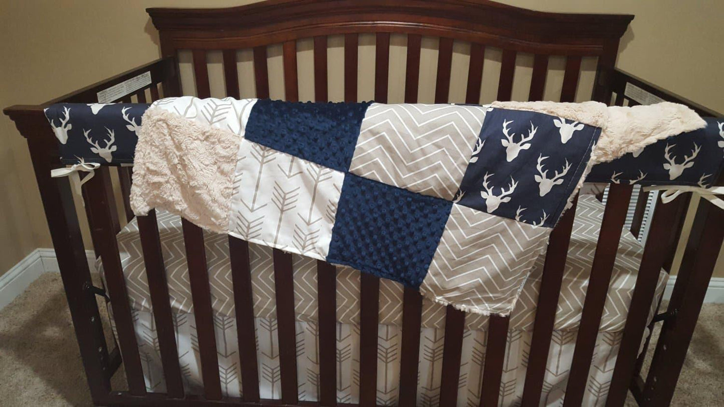 Boy Crib Bedding - Navy Buck, Ecru Chevron, White Tan Arrows, Navy Minky,  and Ivory Crushed Minky Crib Baby Bedding Ensemble - DBC Baby Bedding Co 