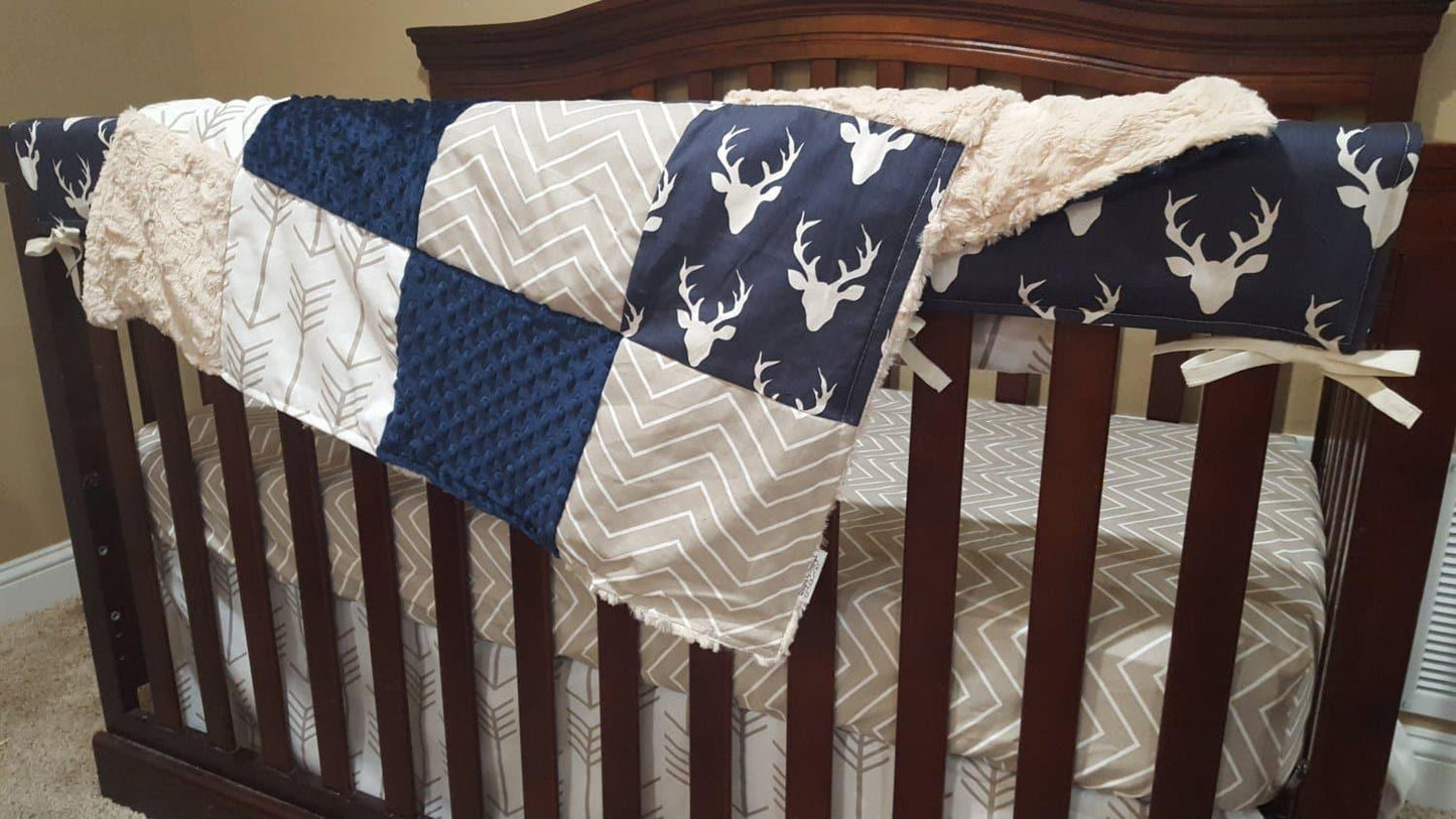 Boy Crib Bedding - Navy Buck, Ecru Chevron, White Tan Arrows, Navy Minky,  and Ivory Crushed Minky Crib Baby Bedding Ensemble - DBC Baby Bedding Co 