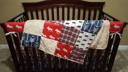Rustic Baby Boy Crib Bedding-Brown Bear, Navy Arrow, Lodge Red Navy Plaid, Red Moose, and Ivory Crushed Minky Crib Bedding Ensemble - DBC Baby Bedding Co 