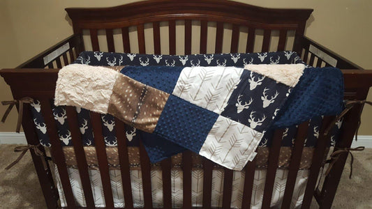 Custom Boy Crib Bedding- Navy Buck, Deer Skin Minky Woodland Collection - DBC Baby Bedding Co 