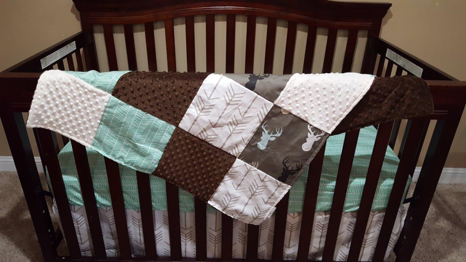 Boy Crib Bedding - Mixed Deer, Mint Herringbone, White Tan Arrow, and Ivory - DBC Baby Bedding Co 