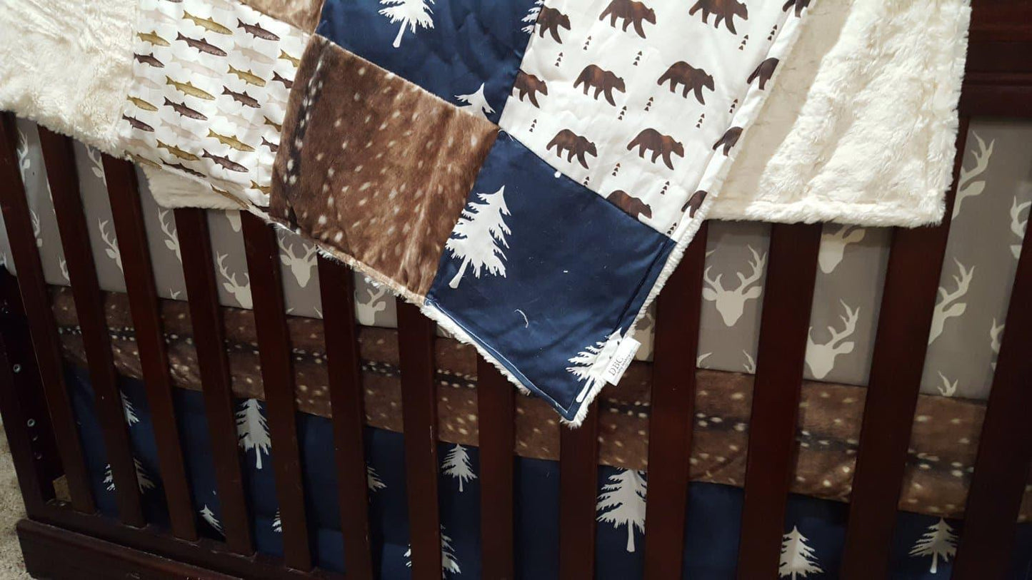 Woodland Boy Crib Bedding- Fish, Buck, Deer Skin Minky, Trees, Ivory Crushed Minky, and Navy - DBC Baby Bedding Co 