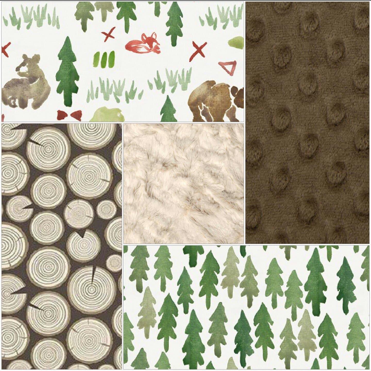 Woodland Boy Crib Bedding- Watercolor Forest, Pine Trees, Wood, Ivory Crushed Minky, and Brown Crib Bedding Ensemble - DBC Baby Bedding Co 