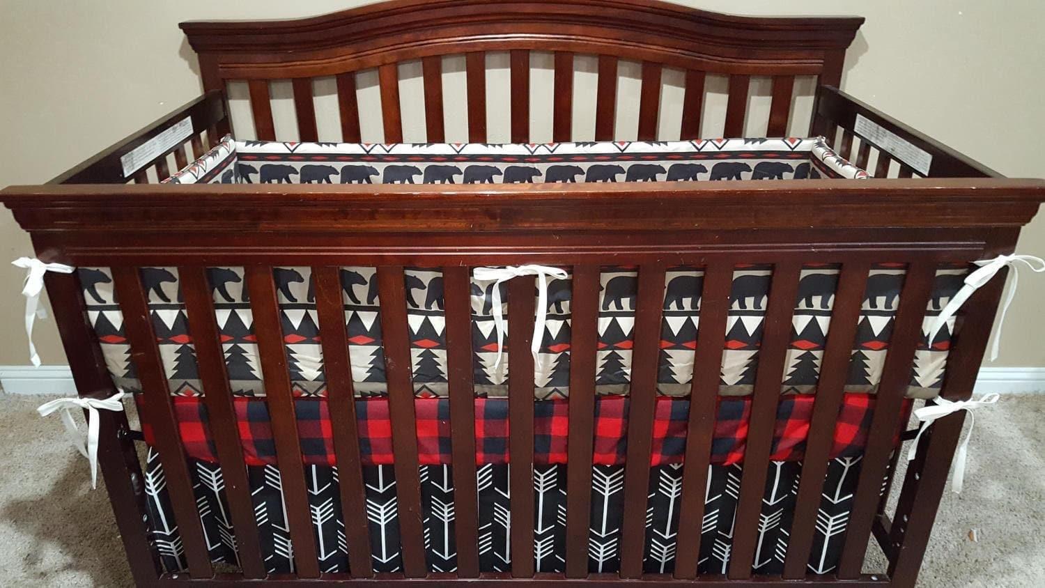 Custom Boy Crib Bedding - Aztec Bear, Red Black Buffalo Check, Deer Skin Minky Woodland Nursery - DBC Baby Bedding Co 