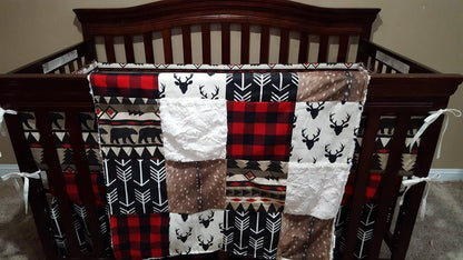 Custom Boy Crib Bedding - Aztec Bear, Red Black Buffalo Check, Deer Skin Minky Woodland Nursery - DBC Baby Bedding Co 