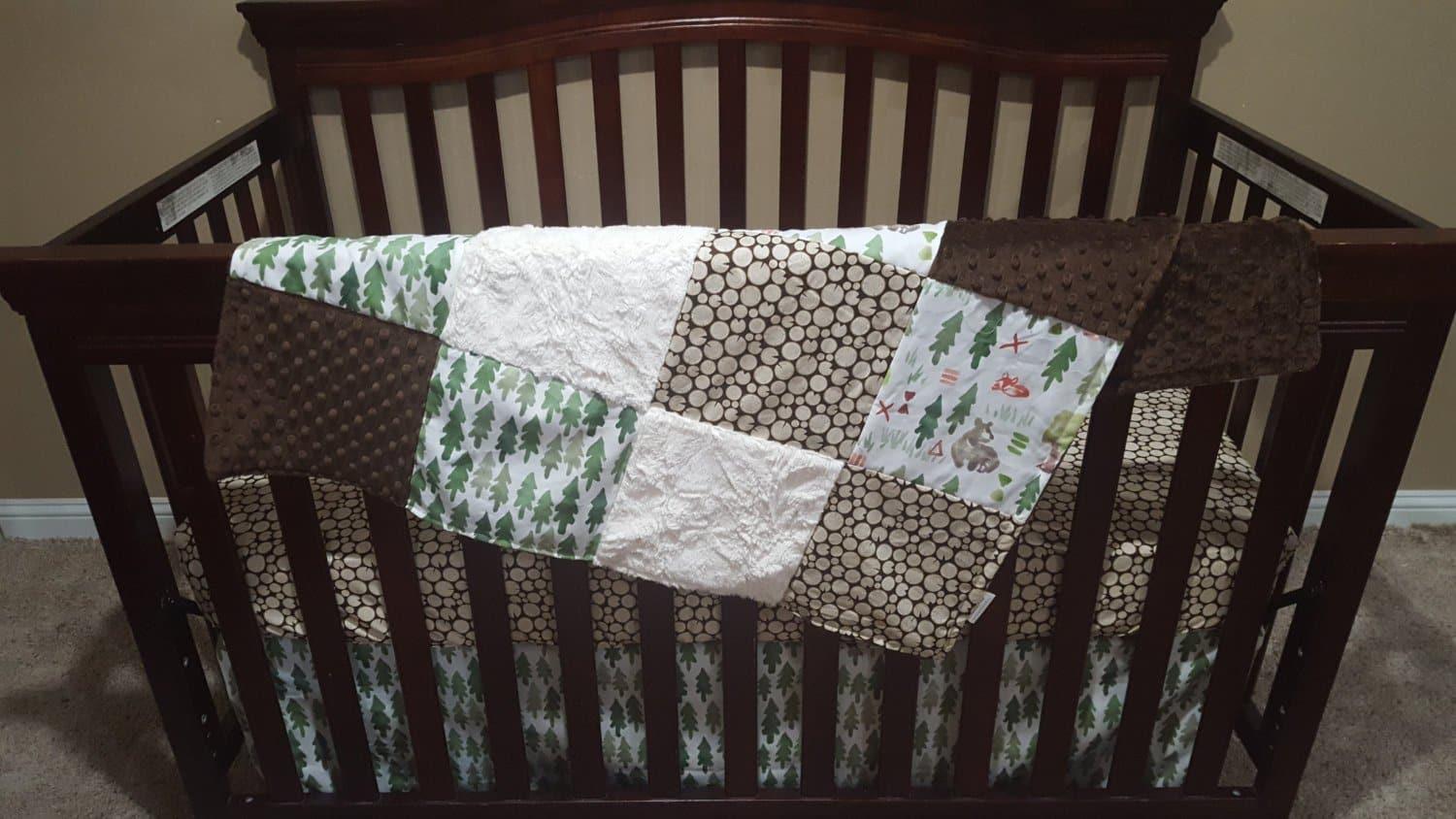 Woodland Boy Crib Bedding- Watercolor Forest, Pine Trees, Wood, Ivory Crushed Minky, and Brown Crib Bedding Ensemble - DBC Baby Bedding Co 