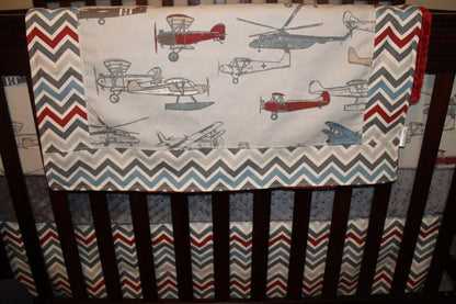Standard Blanket - Vintage Airplane with Pewter Chevron Bordered Blanket - DBC Baby Bedding Co 