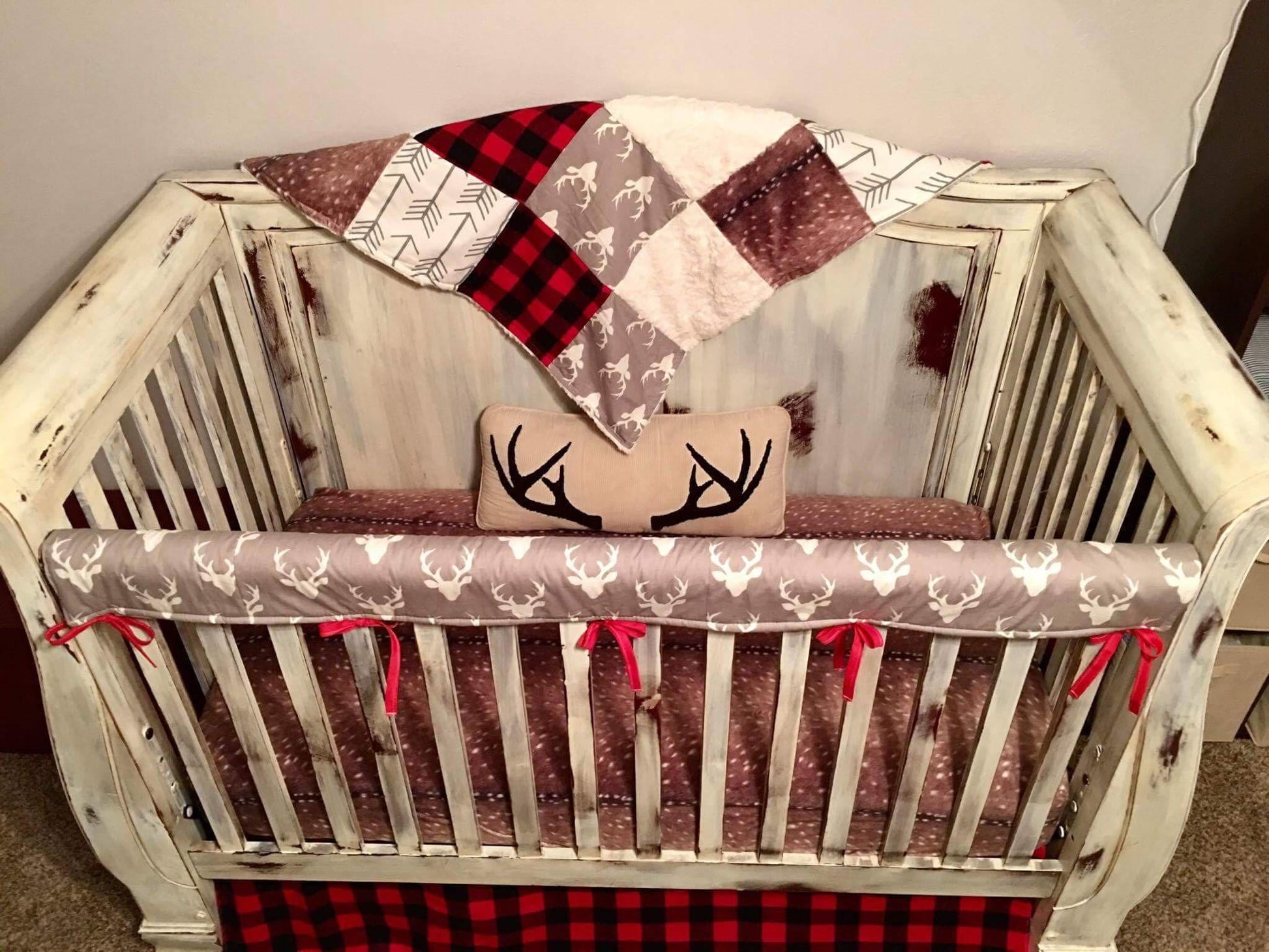 Custom Boy Crib Bedding- Gray Buck, Deer Skin Minky Woodland Nursery Collection - DBC Baby Bedding Co 