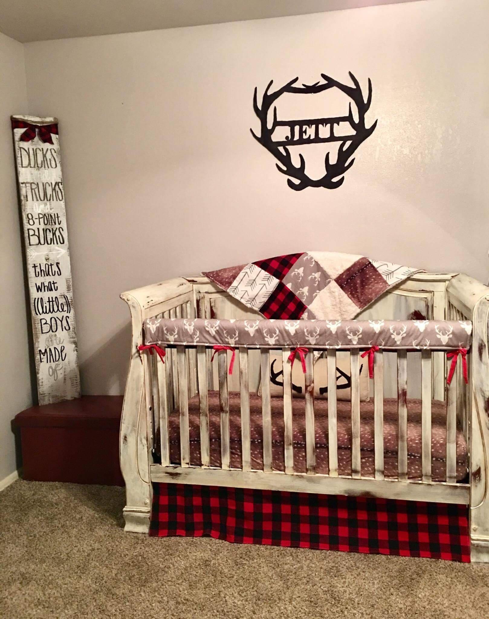 Custom Boy Crib Bedding- Gray Buck, Deer Skin Minky Woodland Nursery Collection - DBC Baby Bedding Co 